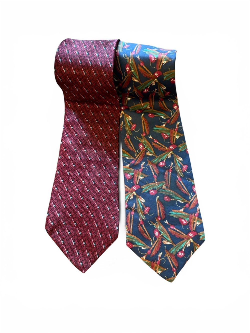 Stafford Two-Tie Set — 100% Silk Burgundy Pattern & Navy Fly Fish Feather Print